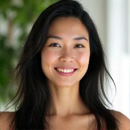 Headshot of Sarah Kim, a vibrant woman with dark hair, conveying strength and grace.