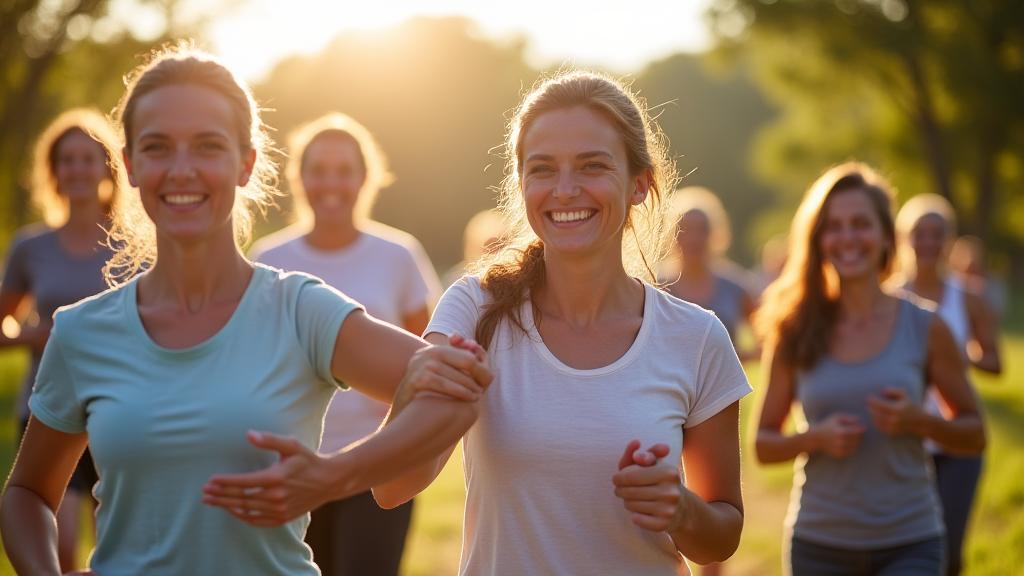 Diverse group of adults over 35 smiling and supporting each other during a wellness activity outdoors in Austin, Texas. They appear engaged and joyful.