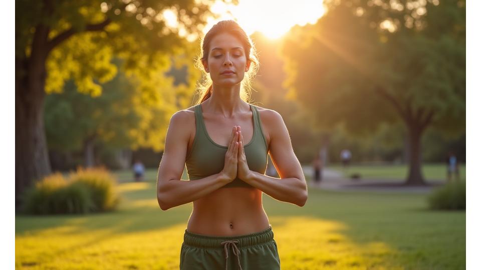 Woman enjoying outdoor yoga in an urban park, serene and mindful