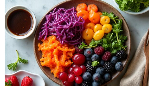 Vibrant plate of fermented foods like kimchi and sauerkraut, representing gut health