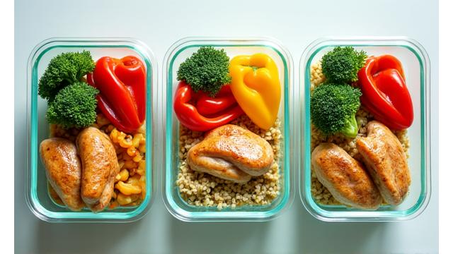 Colorful and healthy meal prep containers, demonstrating balanced nutrition