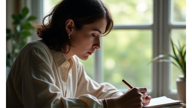 Person thoughtfully journaling by a window, fostering resilience