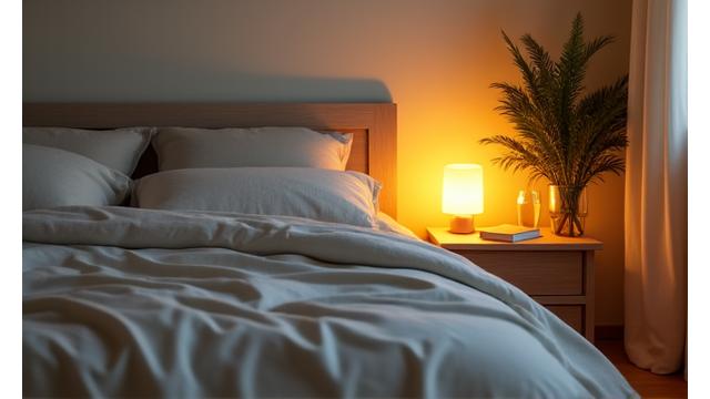 Peaceful bedroom setting with soft lighting and comfortable bedding, promoting sleep