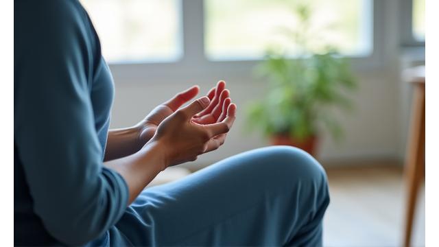 Person practicing deep breathing exercises outdoors, looking calm and centered