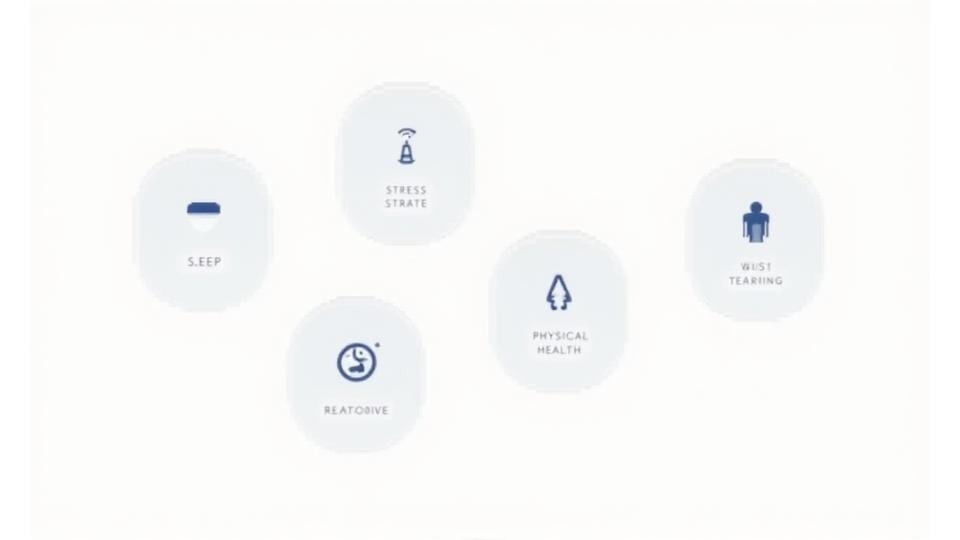 A minimalist infographic showing four interconnected circles representing sleep, stress, relationships, and physical health, with subtle digital icons like a phone, Wi-Fi symbol, and notification bell subtly affecting them. The overall feel is one of interconnectedness and subtle negative impact.