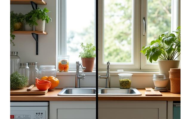A 'before and after' image showing a plastic-wrapped lunch next to a lunch packed in reusable containers and a bamboo cutlery set.