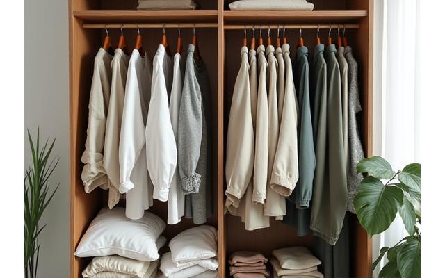 A 'before and after' image showing fast fashion clutter next to a minimalist, organized wardrobe with sustainable clothing items.