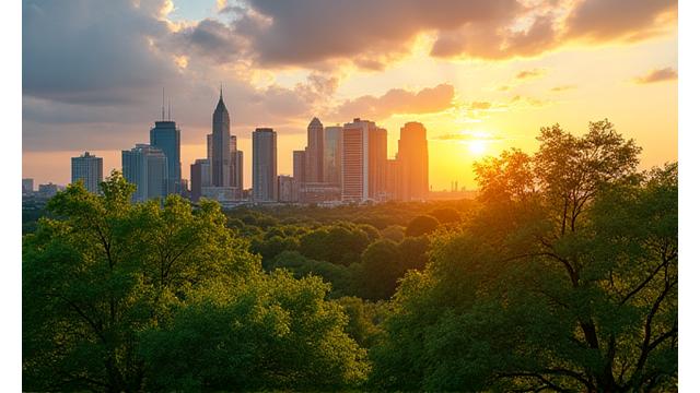 Panoramic view of the Austin skyline with lush green trees in the foreground, signifying urban sustainability integration. Sun is setting with a warm glow.