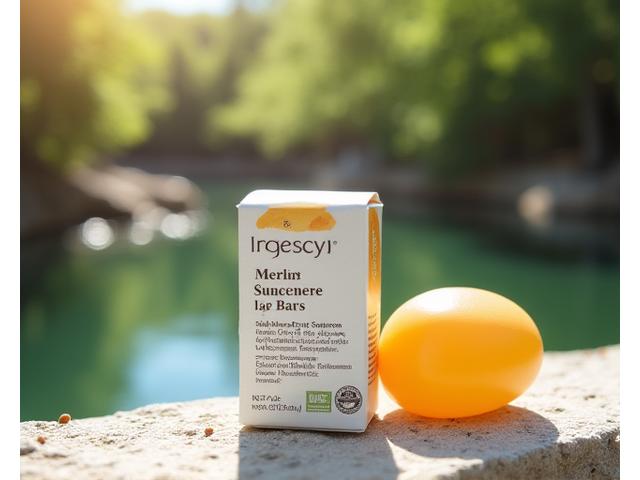 A solid, reef-safe sunscreen bar in eco-friendly packaging, with a blurred background of Barton Springs Pool.