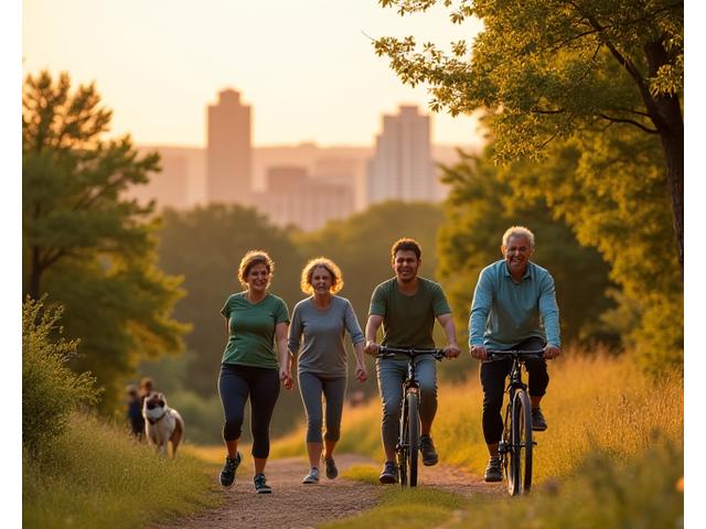 Diverse group of adults engaged in vibrant, healthy activities in an Austin park setting