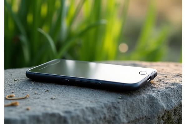 Person using a minimalist smartphone, surrounded by peaceful natural elements