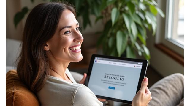 Woman holding a mug, reading a tablet, enjoying daily health blog content