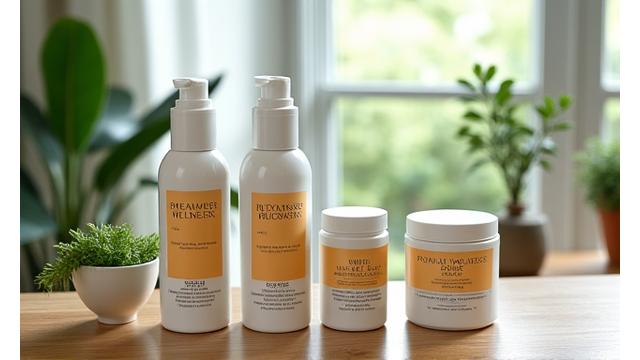 Assortment of high-quality, eco-friendly wellness products like supplements and skincare on a wooden table