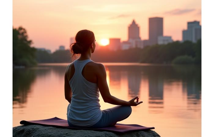 Woman meditating calmly by Lady Bird Lake in Austin at sunrise
