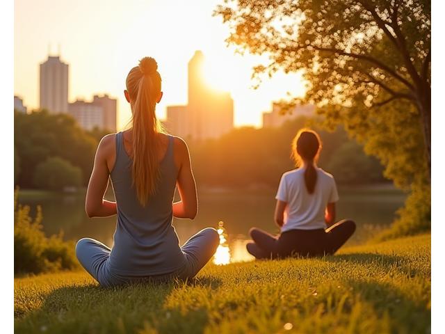 A diverse group of Austin adults participating in various wellness activities outdoors, such as yoga in Zilker Park, cycling on the Barton Creek Greenbelt, and meditation by Lady Bird Lake. They are smiling, engaged, and radiating health and vitality. Focus on natural light and the vibrant Austin environment.