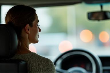 Person meditating calmly in a car during traffic