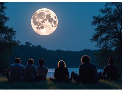 Group of adults meditating under a large full moon at night