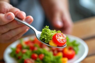 Close up of a person mindfully eating a healthy meal