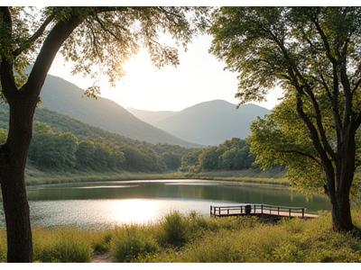Peaceful natural setting, possibly a retreat center, with a serene lake or pond