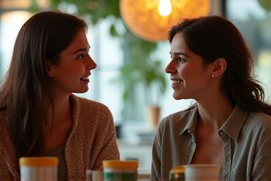 Two people calmly talking over coffee