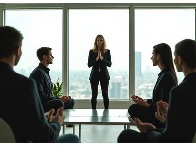 Professionals in a modern office engaged in a mindfulness workshop