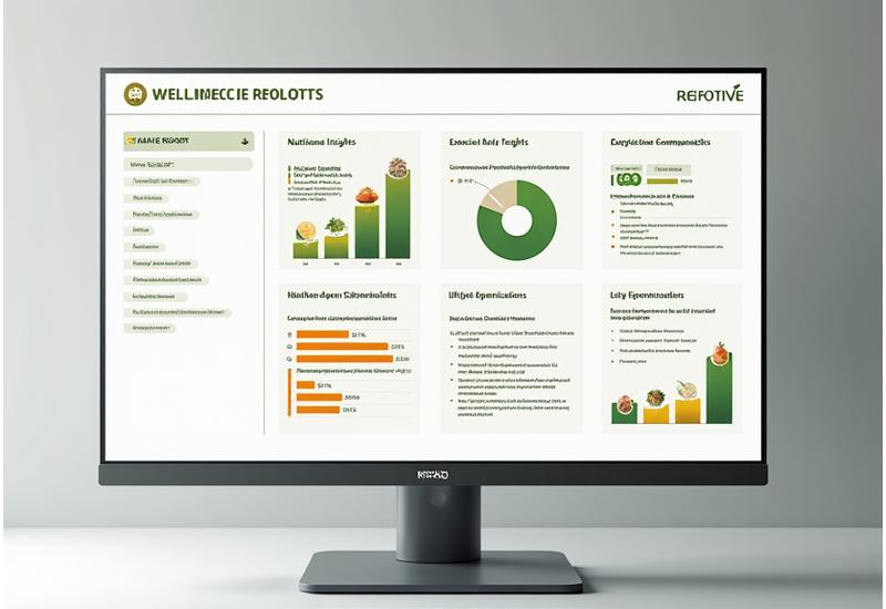 Sample personalized wellness report dashboard showing sections for nutrition, exercise, and lifestyle with data visualizations.
