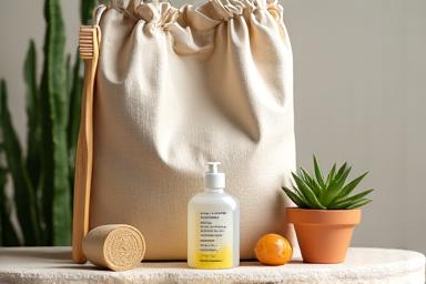 Selection of eco-friendly household and personal care items, like bamboo toothbrushes and reusable bags