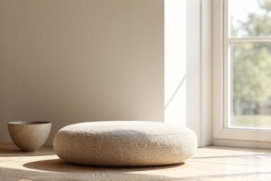 A serene setting for mindfulness with a meditation cushion and soft, natural light