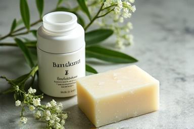 Natural, ethically-sourced personal care products on a stone surface with green foliage