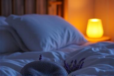 Calming sleep environment with soft lighting and natural elements like lavender and a comfortable bed
