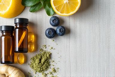 Variety of organic, health supplements and vitamins on a clean, natural background