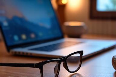 Stylish blue light blocking glasses on a wooden desk next to a digital device