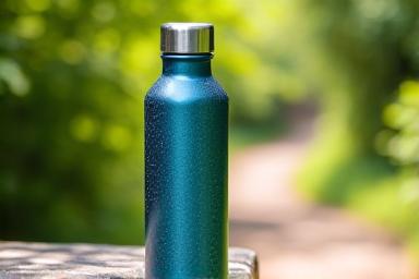 Stainless steel insulated water bottle with condensation, showing it's cold, in a modern, active setting