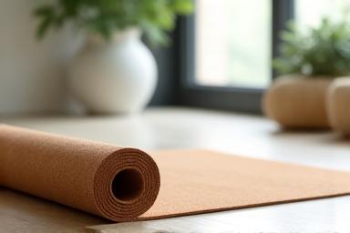 Eco-friendly, cork yoga mat unrolled on a clean wooden floor, ready for practice