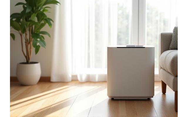 Compact air purifier in a modern home setting with natural light