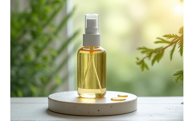Bottle of topical magnesium oil with a natural, serene background